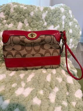 Coach Signature Canvas Wristlet in Red Trim